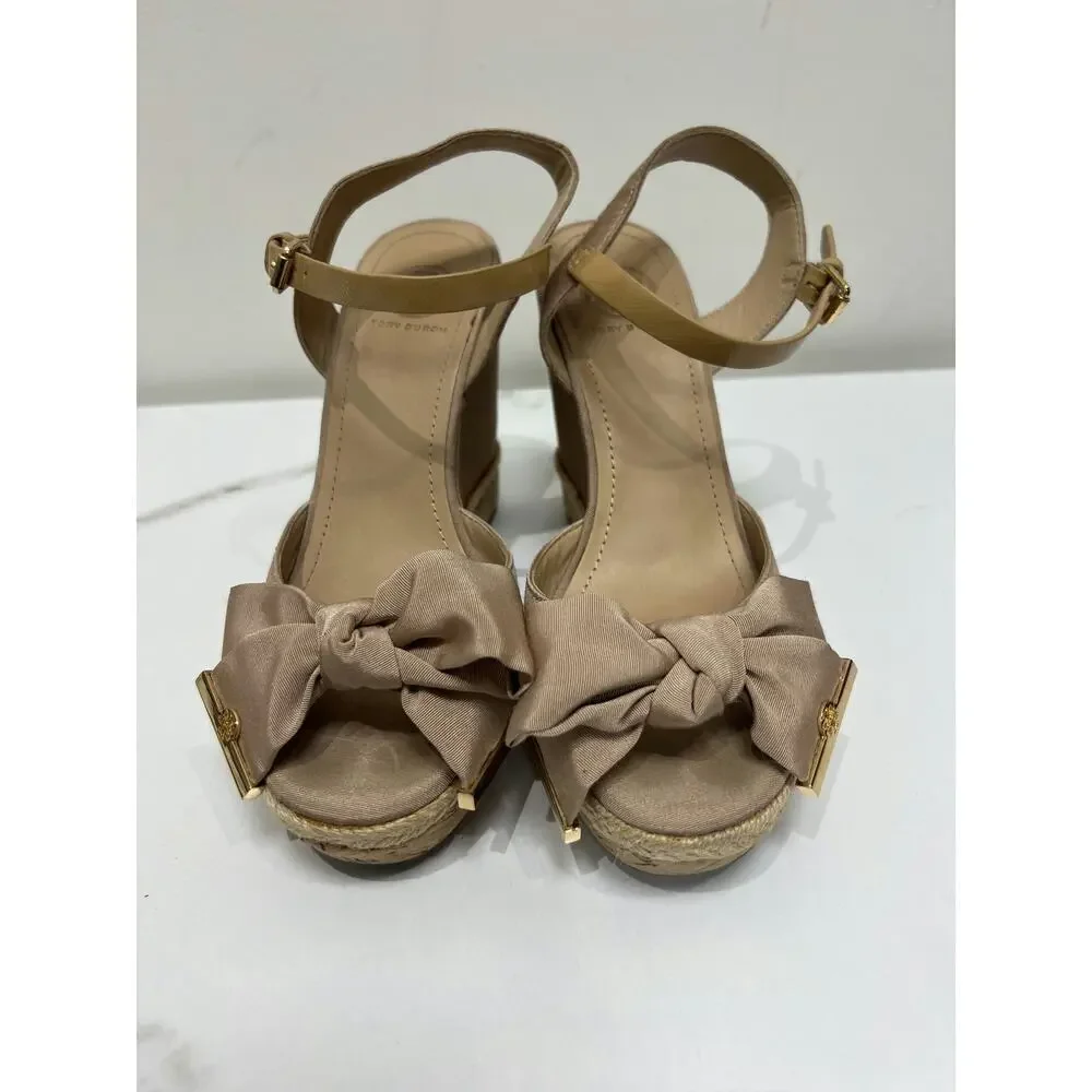 Tory Burch Beige Wedge Espadrilles with Bow Detail and Ankle Strap